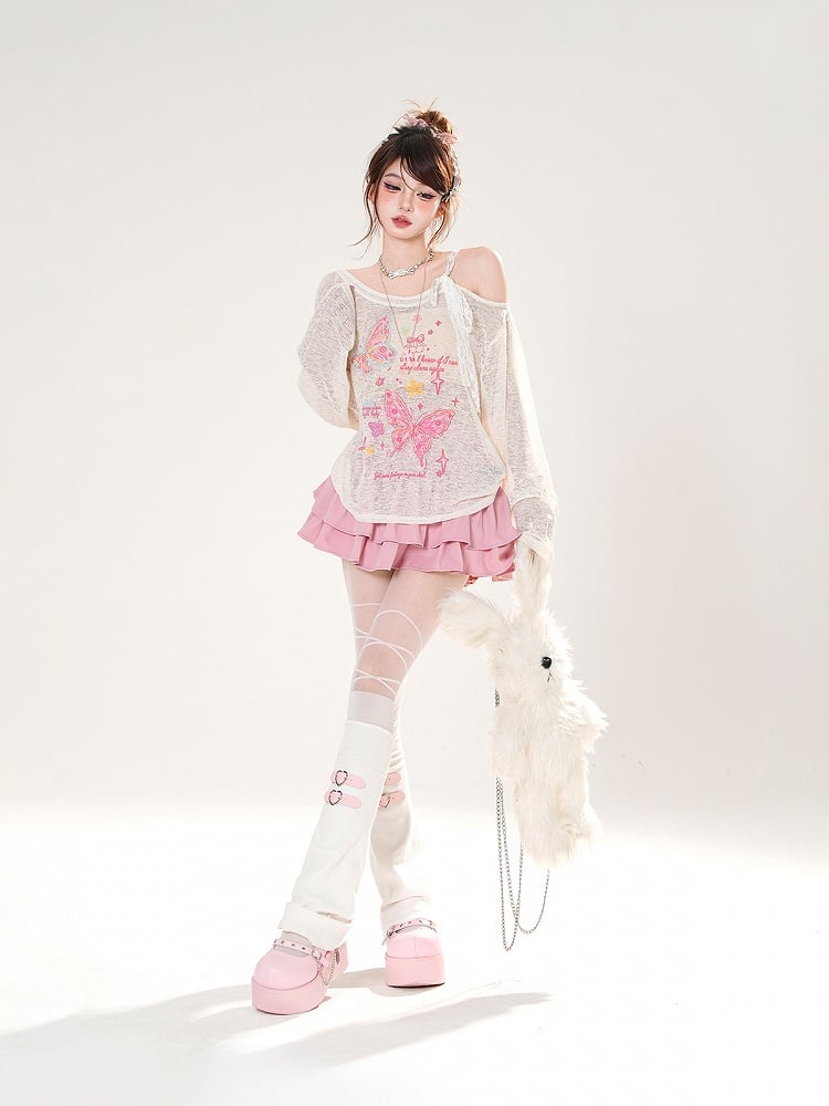 Asymmetrical Neckline Butterfly Print Apricot/Green