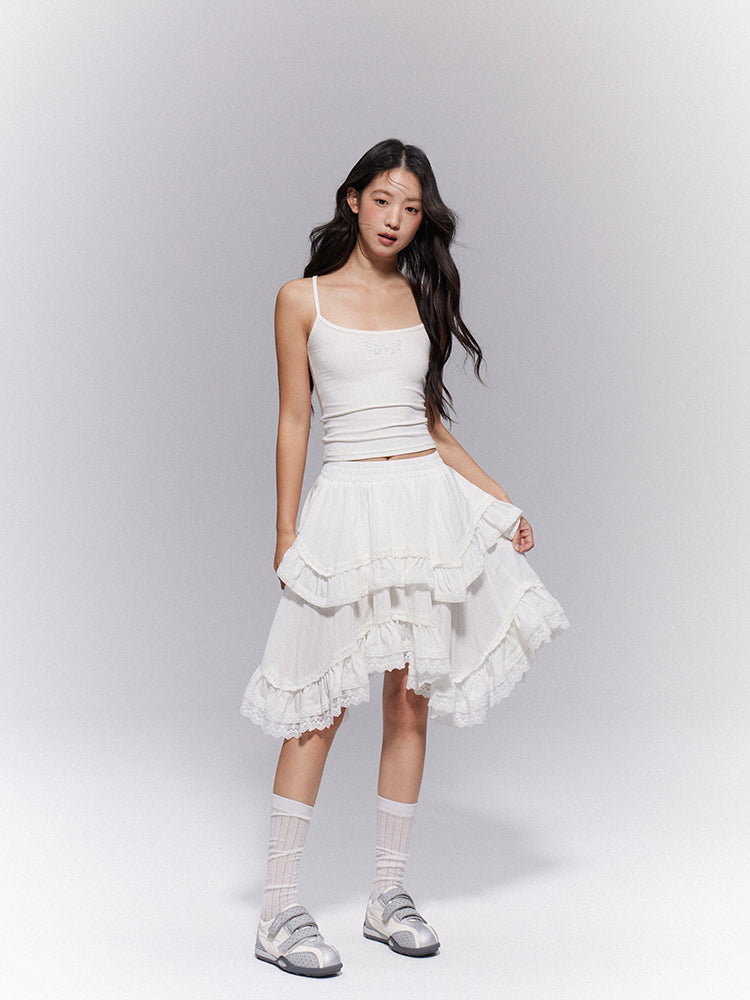 Waist Elastic with Gothic Trim Lace Skirt Tiered White