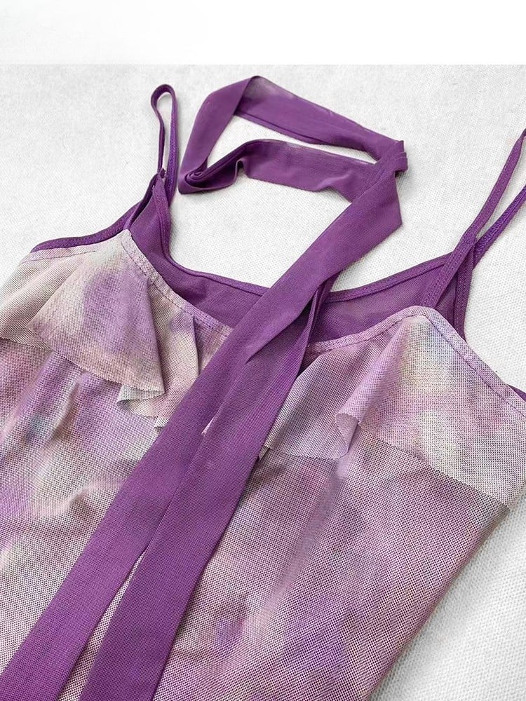 Purple Hem Asymmetrical Ruffles Top Design Dye + Tie Cami Scarf Y2K Trim