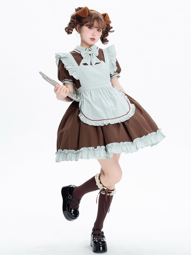 Dress Puff Short Lolita Sleeves Brown Kitty Mint Green + Maid and Apron