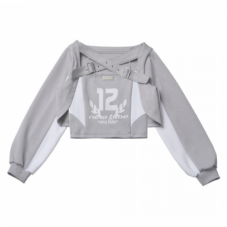 Gray Cami White Design Set Colorblock Graphic Top Criss-Cross Buckle Straps Cardigan
