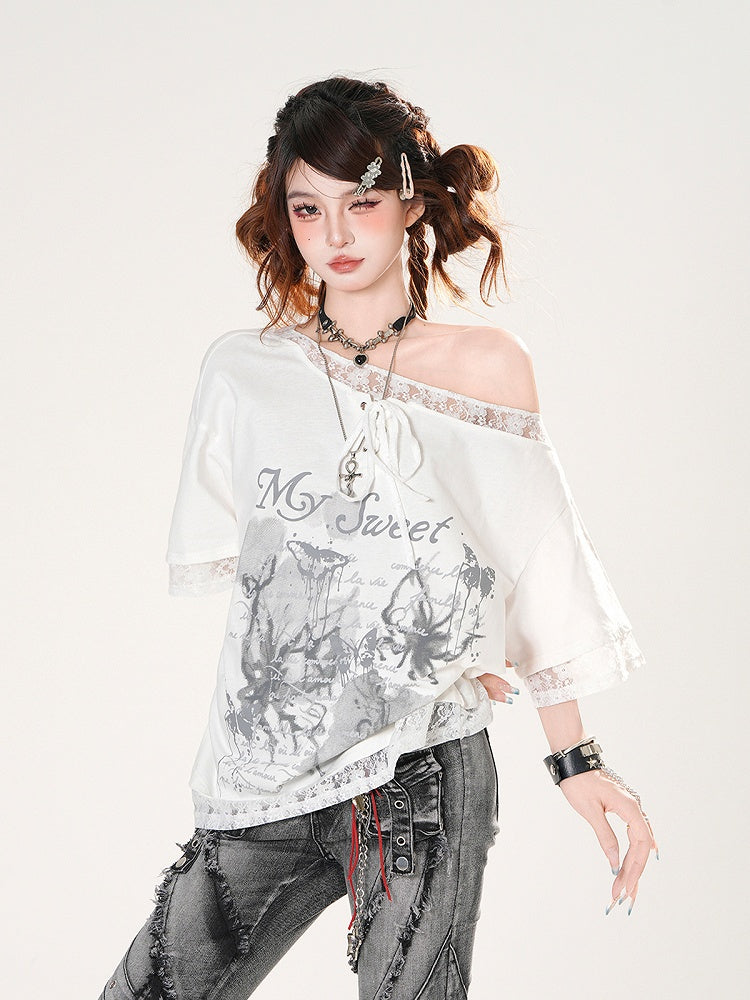 Loose Asymmetrical Neckline Lace Trim Butterfly Print Black/White T-shirt