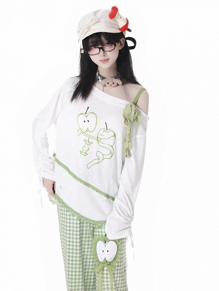 Green Apple Print Drawstring Cuffs White Asymmetrical Neckline Coverup