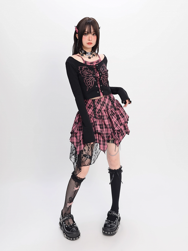 Top Faux Y2K Lace-up Front Butterfly Print Black Pink Plaid Two-pieces and