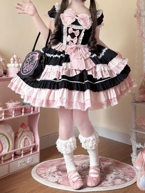 Piece and Pink Sleeves Lolita Bow One Dress Sweet Short Accents Black