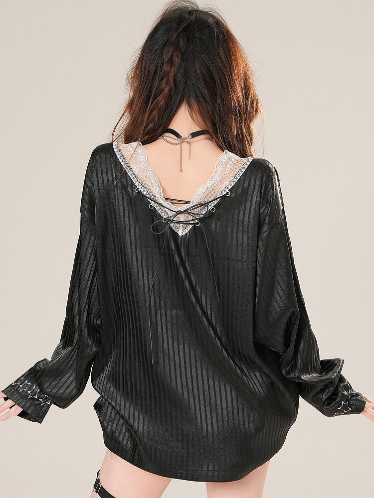Print Trim Sleeves Bittersweet Black Long Floral Glamorous Blokette Striped Core Top Lace