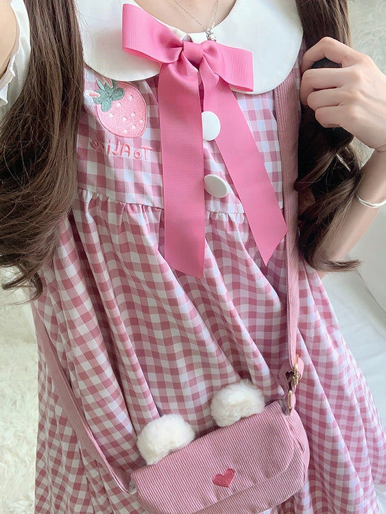 Pink Strawberry Peter Pan Collar Plaid Short Puff Sleeves Dress