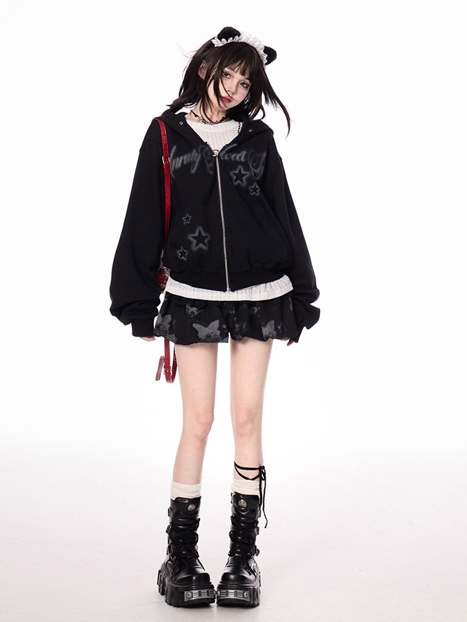 Autumn for Black Letter and Star Print Zip-up Hoodie