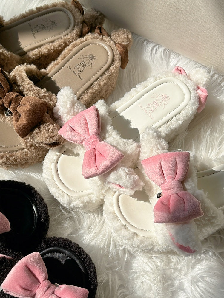White Cute Bow Accents Lamb Ears Platform Winter Slipper