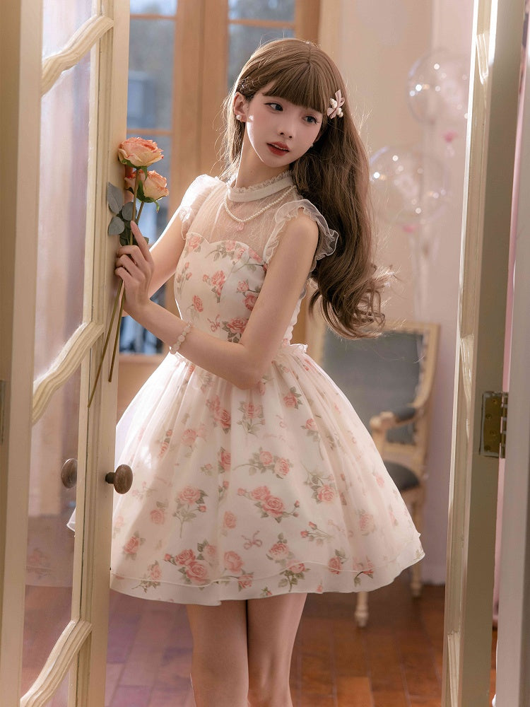 Dress Pink Print Rosette White Illusion Lolita Summer Neckline