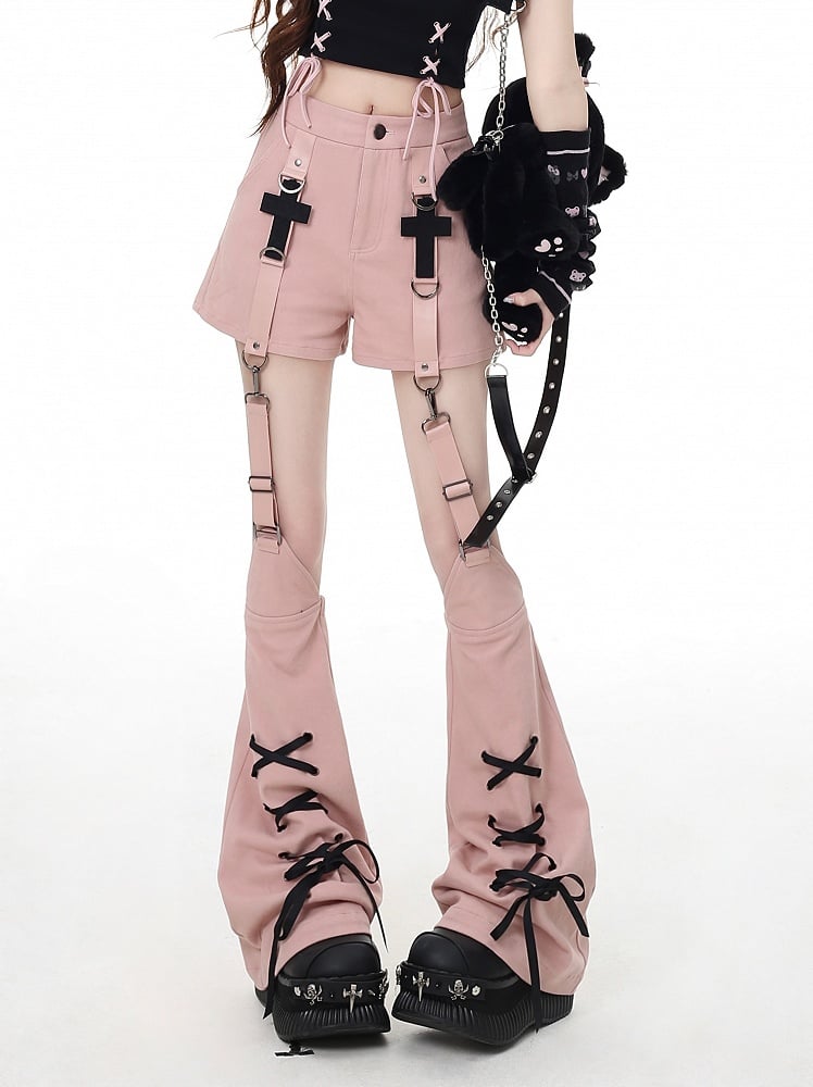 Leg Warmers Pink Cross Embellished Shorts with Lace-up Detail Detachable