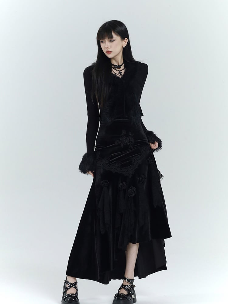 Gothic Black Velvet Rosette Lace Trim High-low Mermaid Skirt