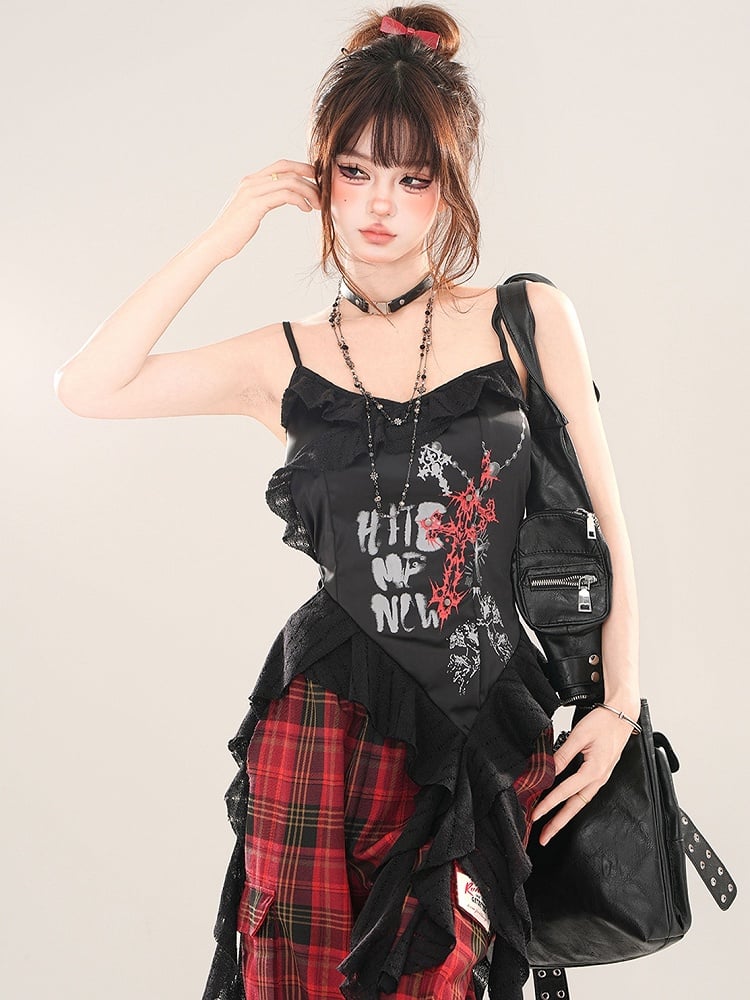 Schwarzes Camisole-Top mit asymmetrischem Volantsaum und Kreuz
