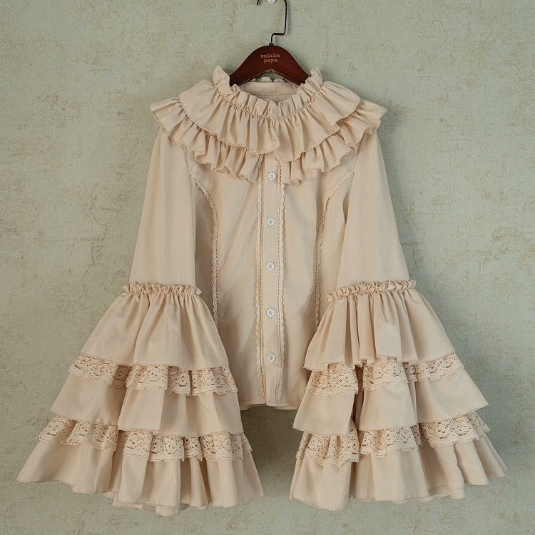 Apricot Ruffle Neckline Layered Bell Sleeves Blouse