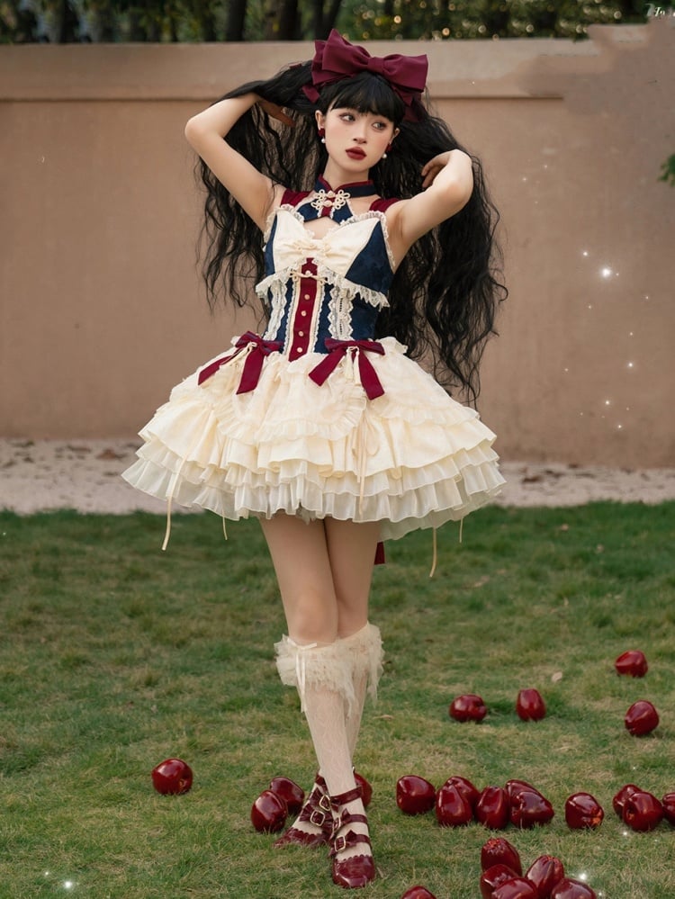 Dark Blue and Red Detachable Collar Qi Tiered Ruffles Jumper Skirt