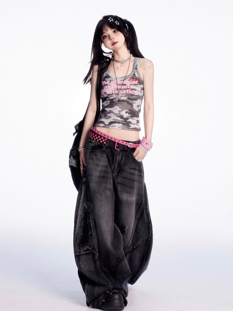 Vintage Waist Distressed Holes Black Low Wide-leg Jeans