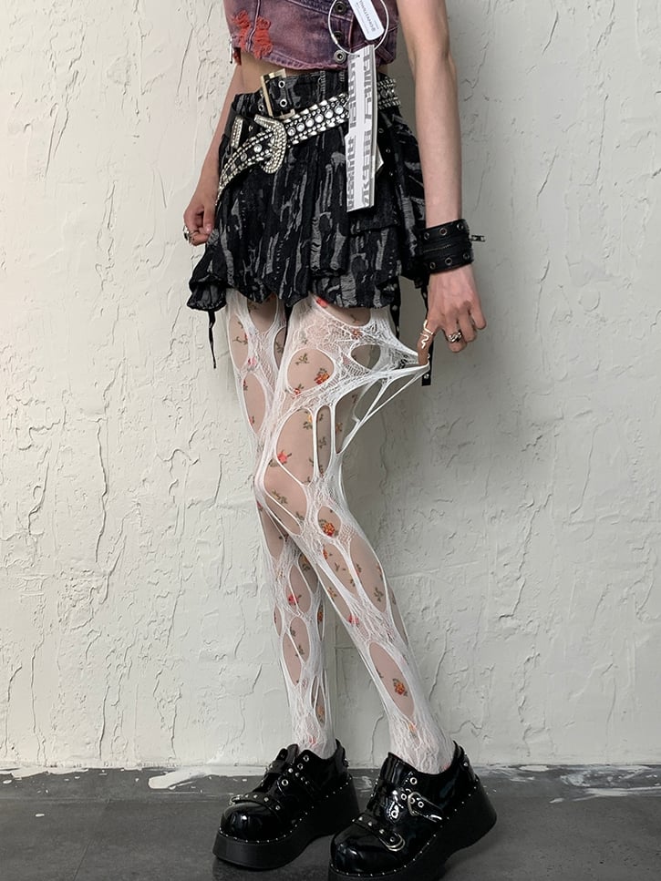 White Cut-out Design Y2K Tights