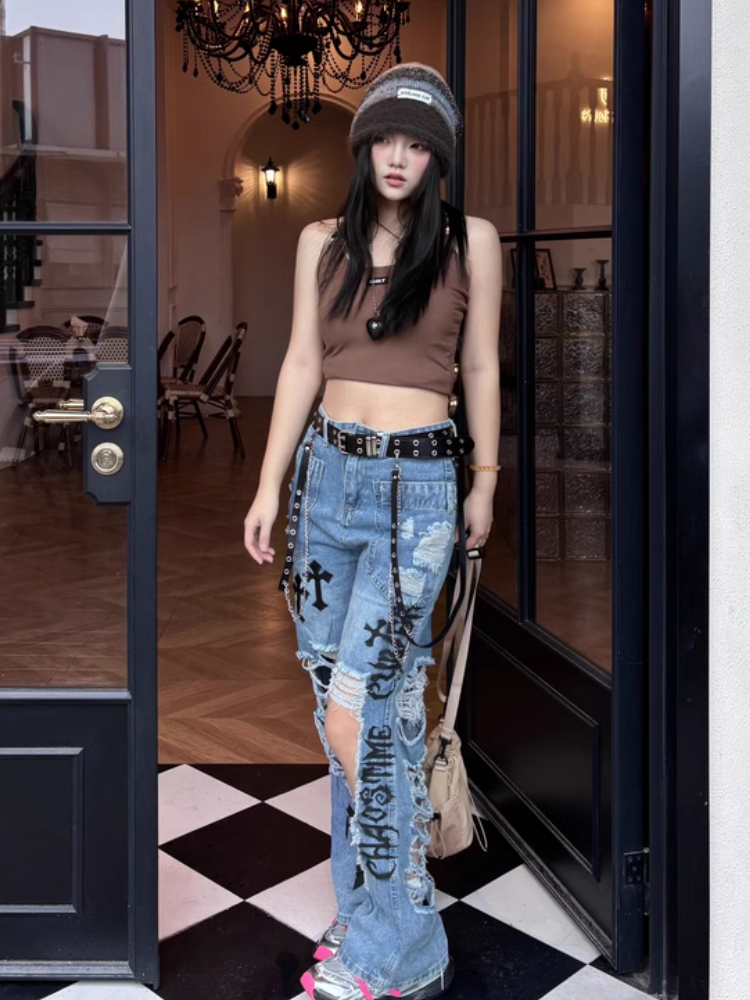 Jeans Wash Glamorous Flared Faded Blue Distressed Holes Cross Appliques