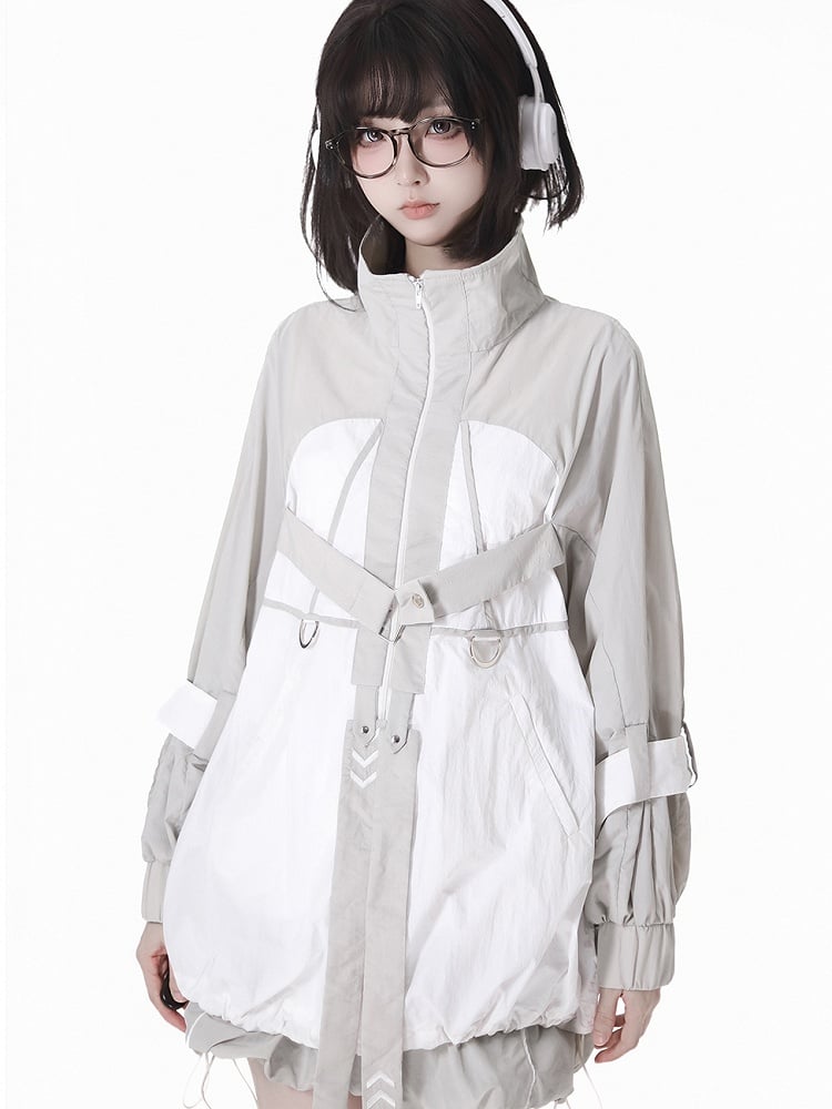 and White Techwear Sun Protection Jacket Gray Hem Colorblock Drawstring