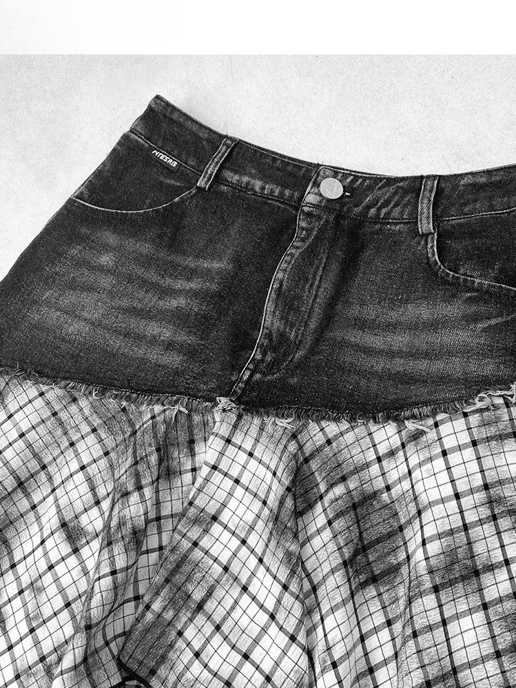 Plaid Handkerchief BlackWhite Y2K Pattern Skirt Hem