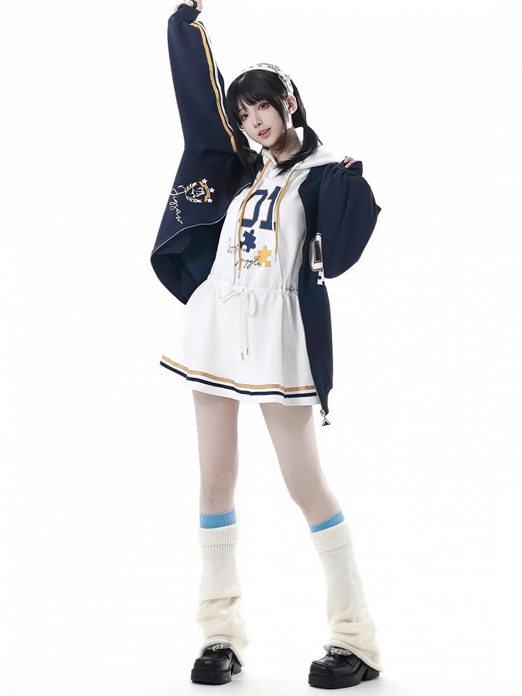 Dress with Yellow Drawstring Hem Hood,Blue Waist Striped Hoodie and Blokette Sleeveless White