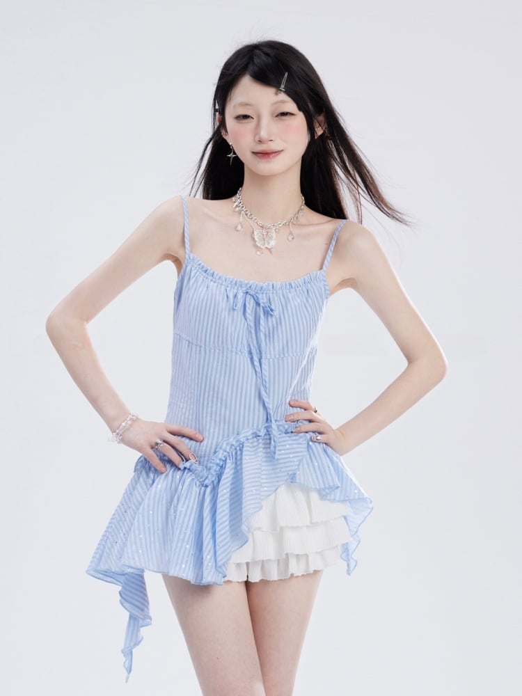 Cami Top Blue Striped Pattern Asymmetrical Hem