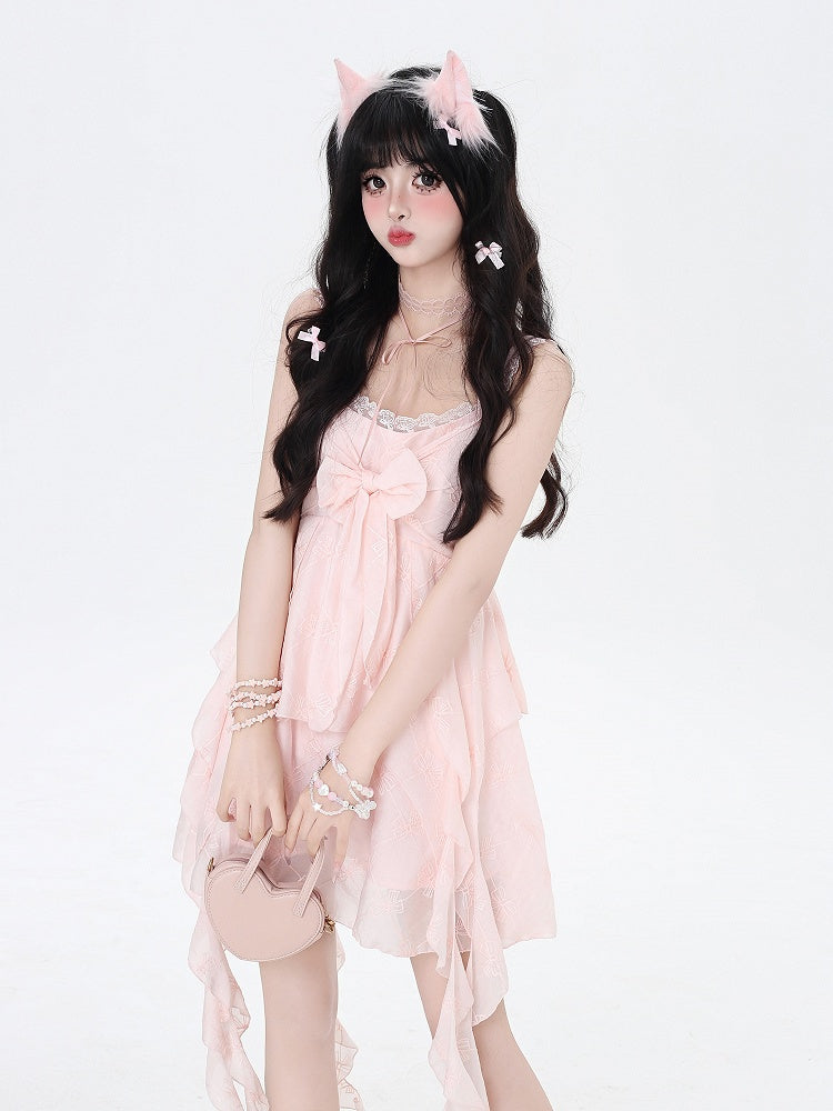 Pink Cascading Ruffle Accents Bow Detail Front Sleeveless Dress