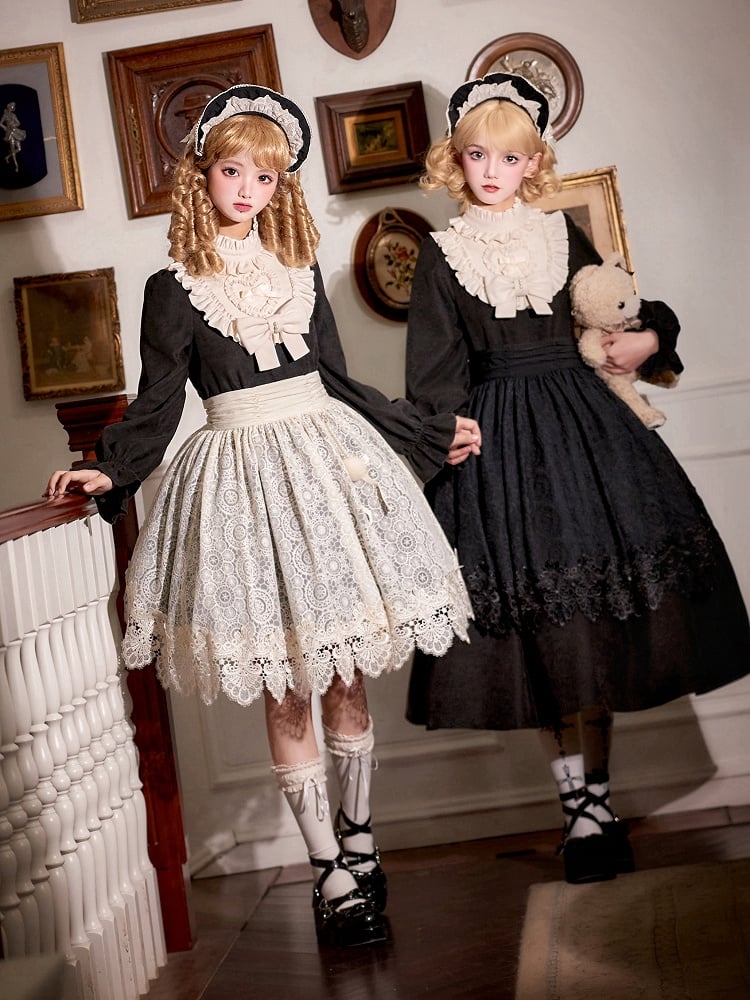 Beige Ruffle Neckline Black High Waist Long Balloon Sleeves Lolita Dress Short Version