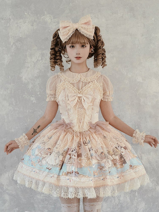 Sweet Kitty Party Lolita Beige Teerock Mieder Pullover Korsett Print Kleid