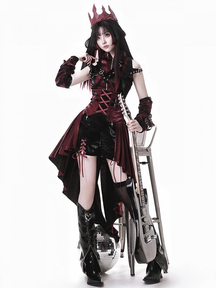 Lolita + Shorts Punk Top Skirt Full High-low Red and Set Black Sleeves Overall Sleeveless - Idol