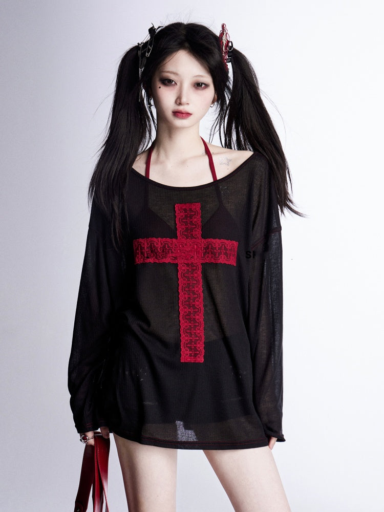with Lace Cross  Red Asymmetrical Neckline Black Sun Protection Coverup