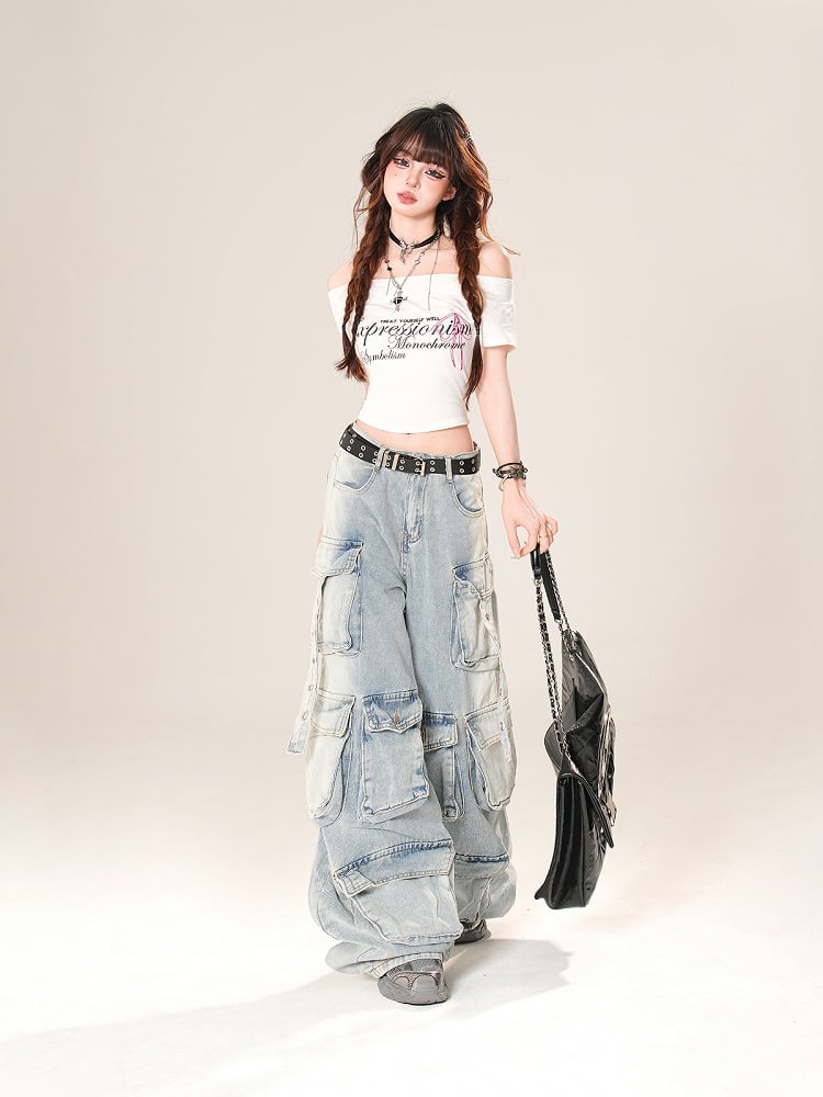 Low Blue/Black Waist Cargo Pockets Wide-Leg Jeans