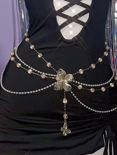 Y2K Kette Schmetterling verziert weiße Perlen Taille