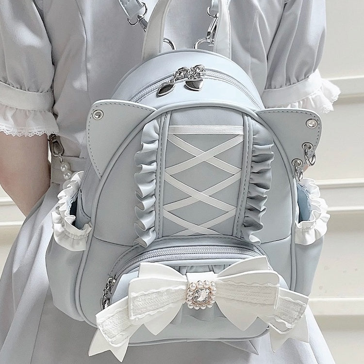 Jirai Kei Blauer Rucksack mit Katzenohren und Schleife aus Perlen und Strass