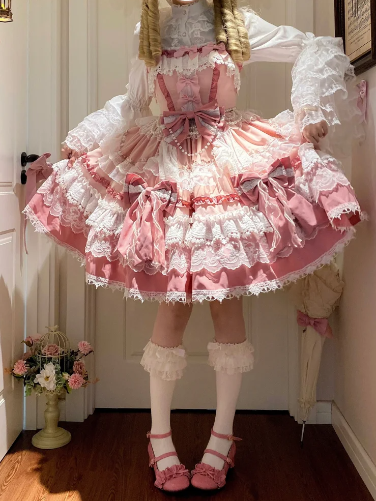 Pink Tiered Lolita Dress Sweet Bows Skirt and Details Bead Detachable
