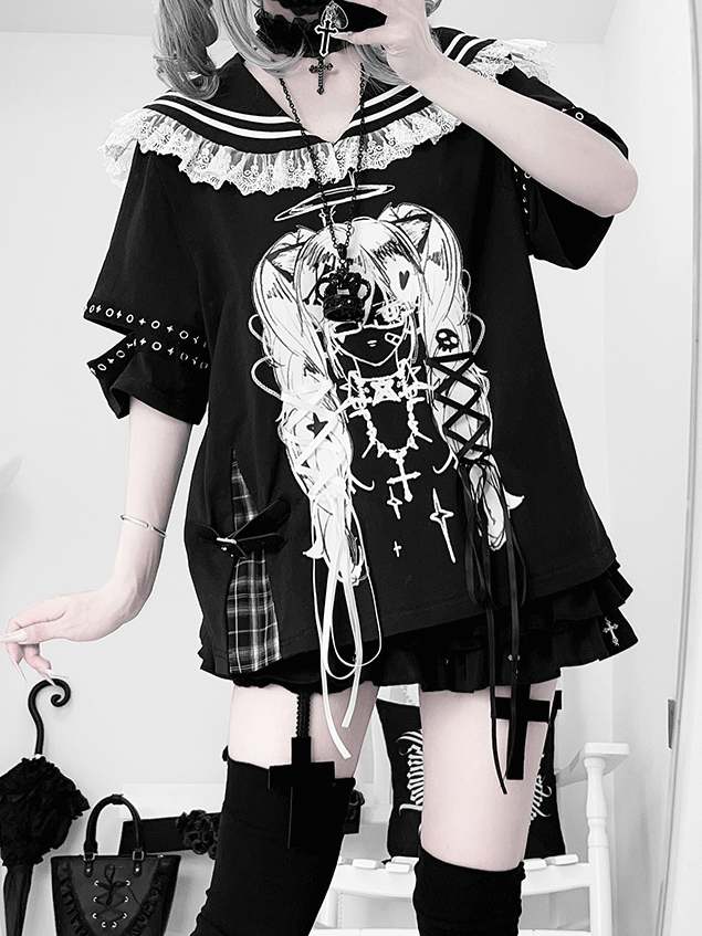 Black Sailor Collar Lace-up Details Anime Girl Print Bittersweet T-shirt