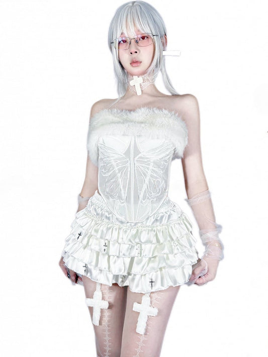 ゴシックホワイトクロスチャームティアードフリルサテンスコート