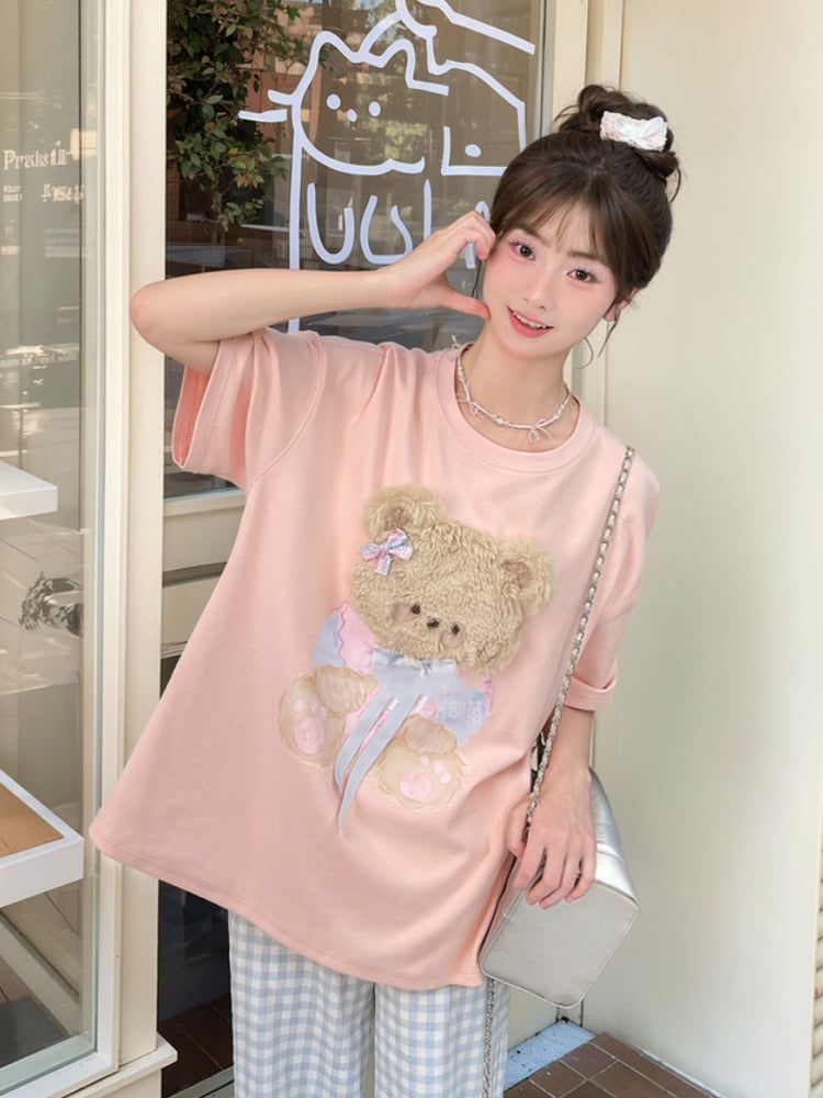 Pink/Gray Round Neck Plush Kitty/Bear T-Shirt