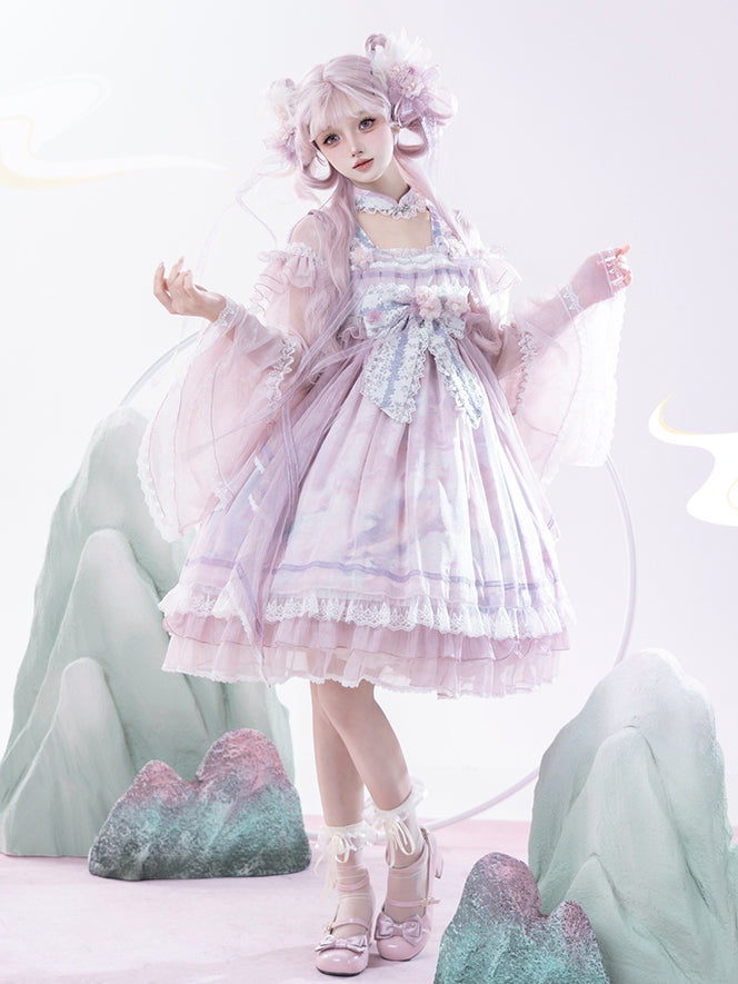 Han Bow Lolita Piece Long Pink-Purple Semi-sheer Print Sleeves Big Dress Whale Wide One