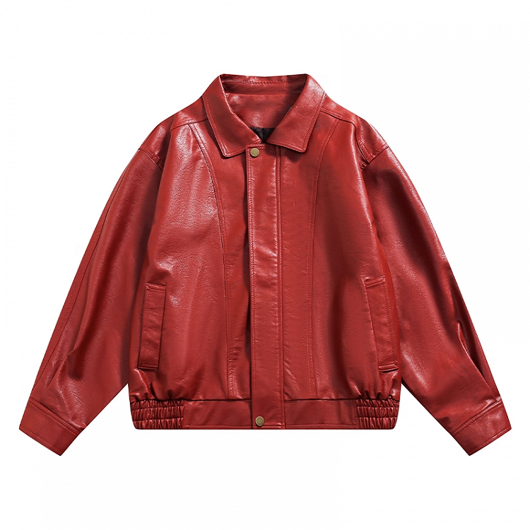 Red PU Leather Zip-up Jacket for Vintage Autumn