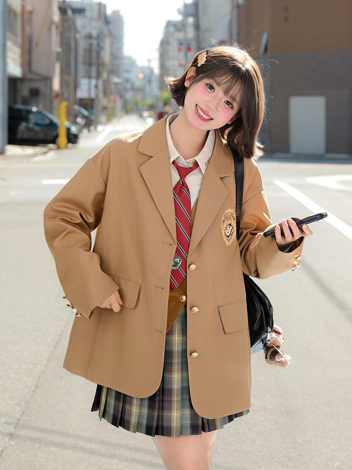 Brown Preppy Fashion Badge Blazer Embroidery JK Uniform Vintage Millard