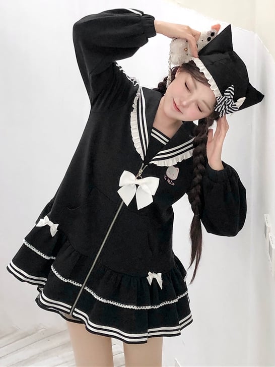 Embroidery Zip Kitty Jirai Kei Collar Dress Black Landmine Style Sailor Closure