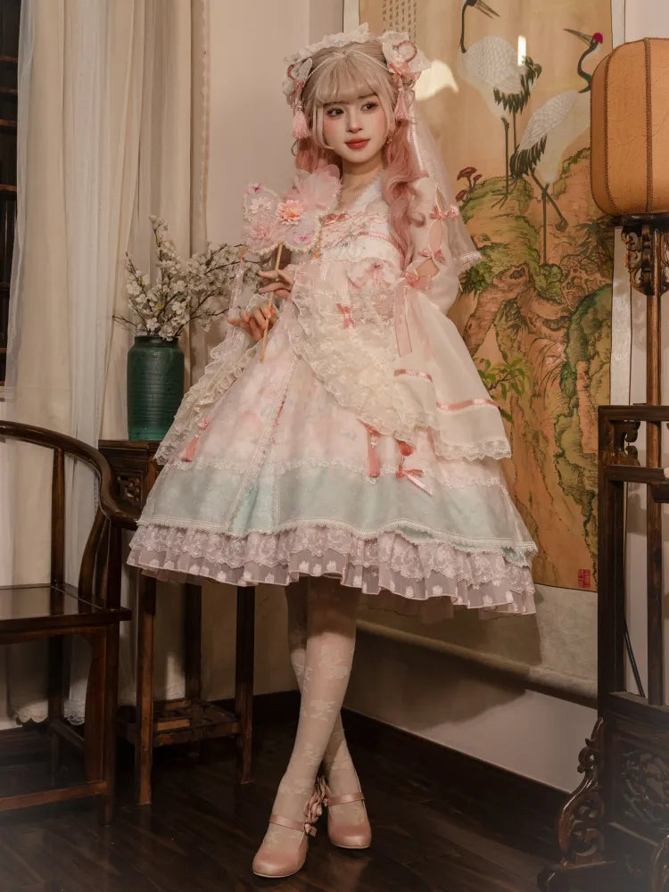 Peach and Peach Blossom Print Pink Empire Waist Han Lolita Dress