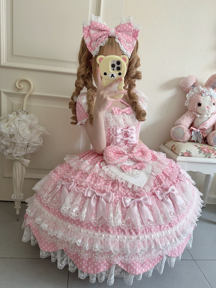 Dress Bow Lolita Pattern Pink Sleeves School Short Accents Old Sweet Polka Dots