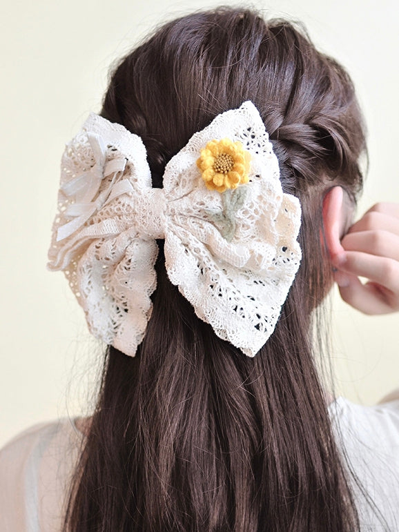 Hairclip Trim Bowknot Lace Beige Design Floral