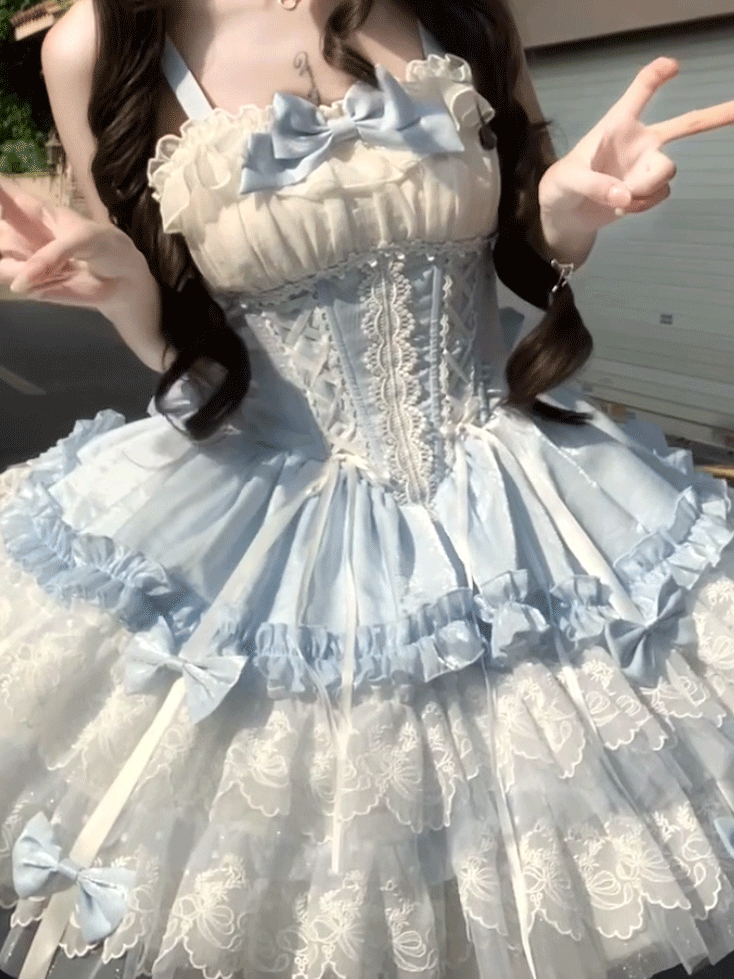Mehrlagiger großer Balletcore-Schnürrock mit entbeinter Taille, süßer Lolita-Pullover, Schleppe, Schleifenrock, blau-weiß mit Saumspitze und
