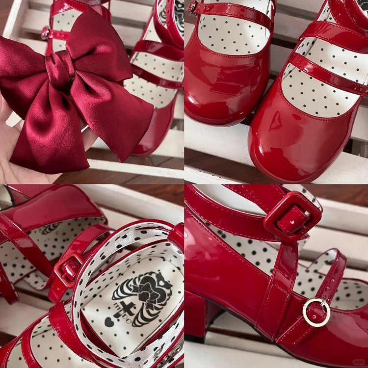 Accent Bow Crisscross Heels Mid Red Design Sweet Toe Round - Lolita