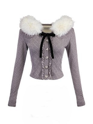 Fur With Hoodie Collar Detail Cardigan Black Gray Knit Faux Bow