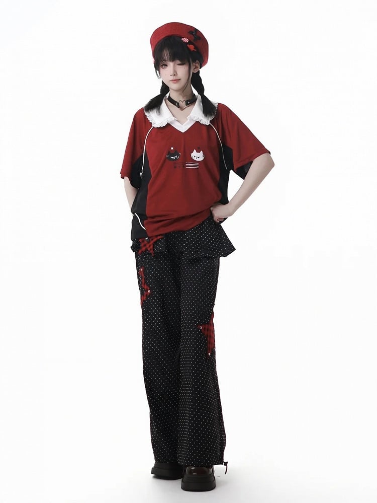 Cuffs Dot Casual Pants Red Plaid Star Applique Drawstring Black Polka