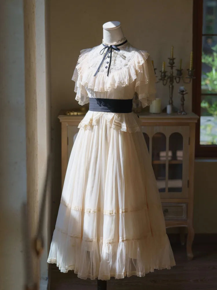 Beige Classic Waist Black Elegant Dress Neckline Lolita Illusion Edward Belt with